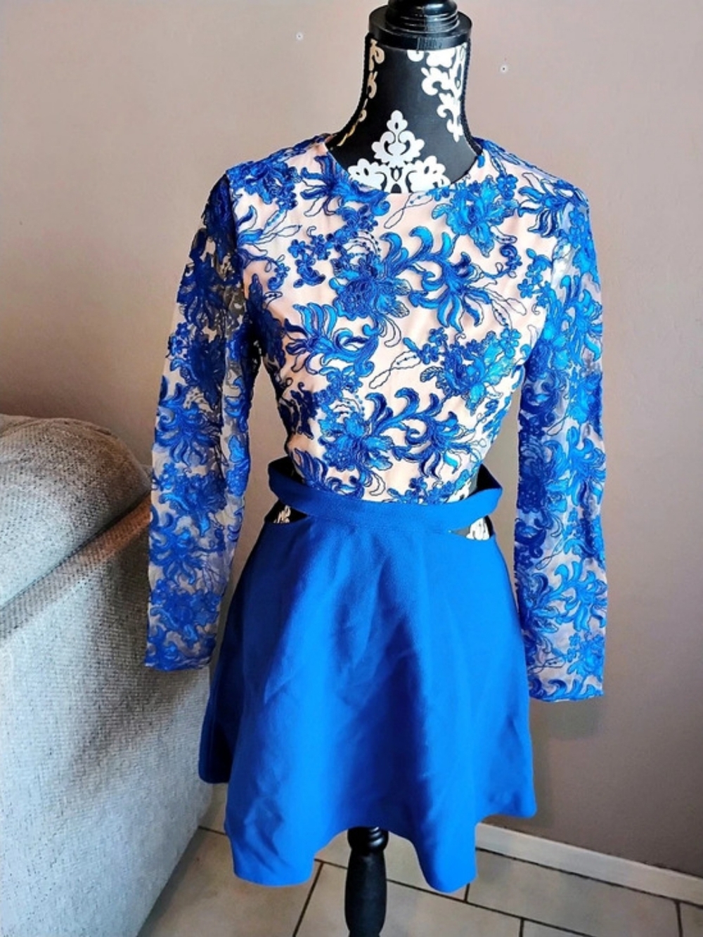 Missguided US6 Lace Top Cutout Skater Dress Floral Mini Dress in Royal